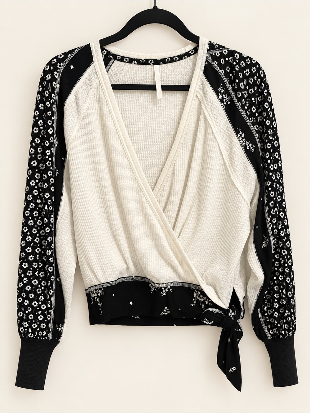 Free People Ivory Black Floral Waffle Knit Wrap Top XS/S